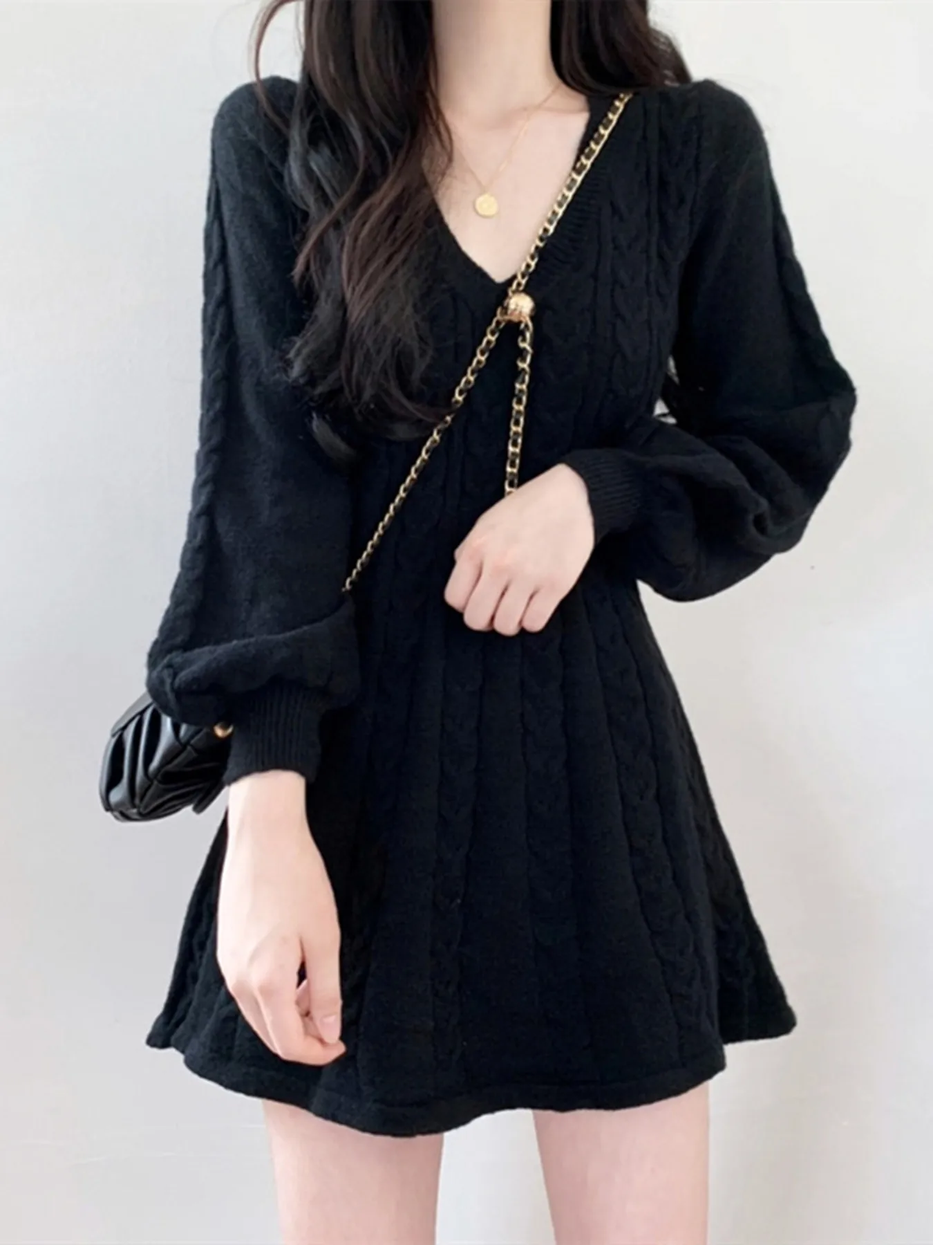 Solid Casual Mini Dress Women New Autumn Long Sleeve V-Neck Basic Knitted Short Dress Soft Korean Fashion Slim