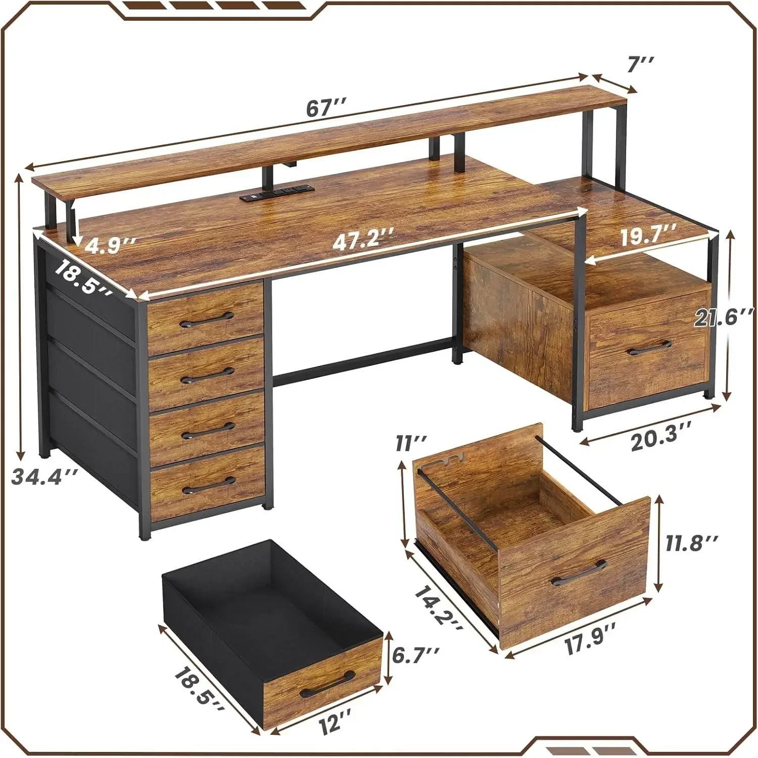 Home Office Desk with File Drawer & Power Outlet, 66'' Computer Desk with 5 Drawer, Storage Shelve