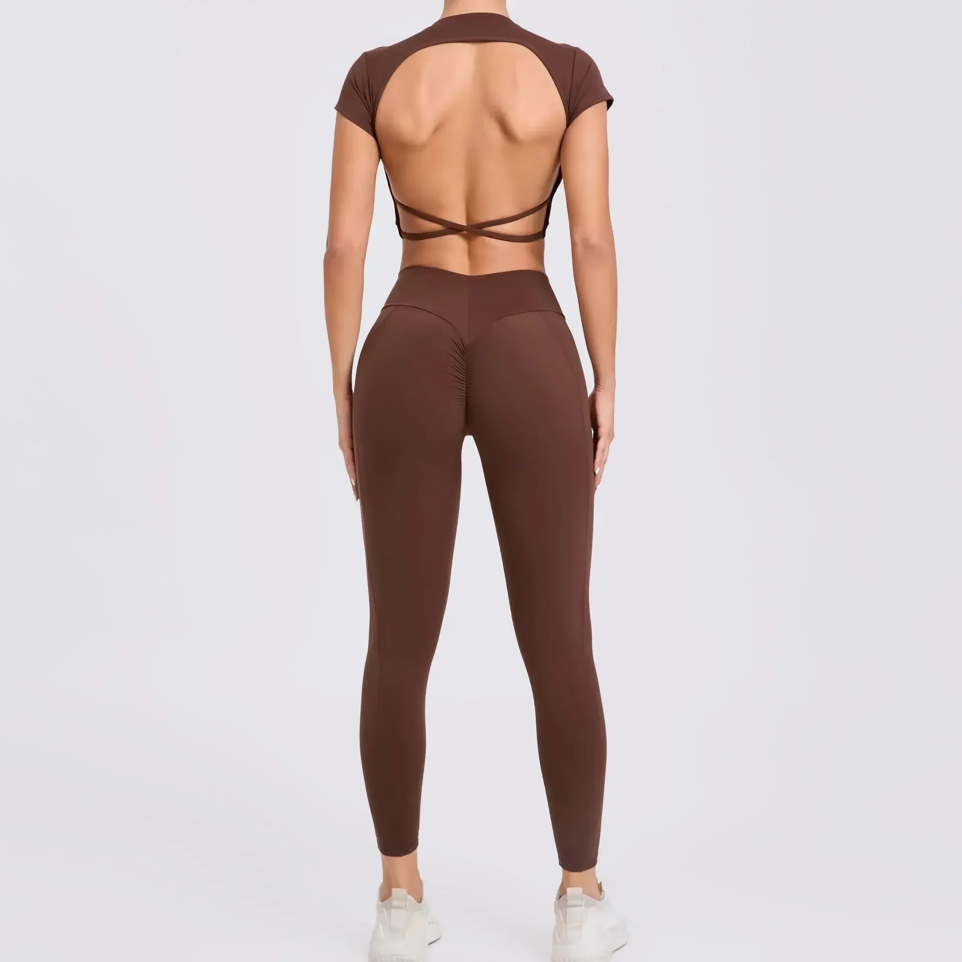 Seamless Yoga Sports Backless Cross Back Yoga Jumpsuit shorts Dance Running Fitness Integrated Hip Lifting Gym Set for Women