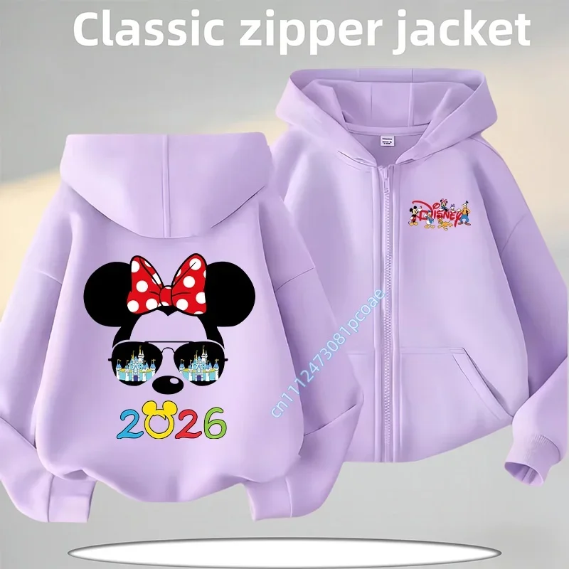 Disney Kawaii 2026 Fashion Disneyland Trip Vacation Clothes Caricature Zip Hoodie Children Top Cartoons Girl Clothes Boy Kids