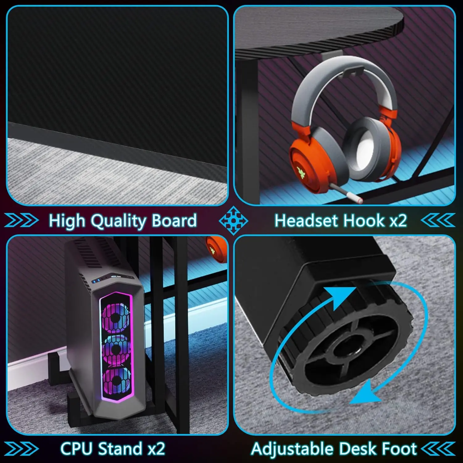 75 Inch Gaming Desk with Monitor Shelf, Large PC Computer Desk with LED Lights, Gaming Table Gamer Desk for Bedroom, Home Office