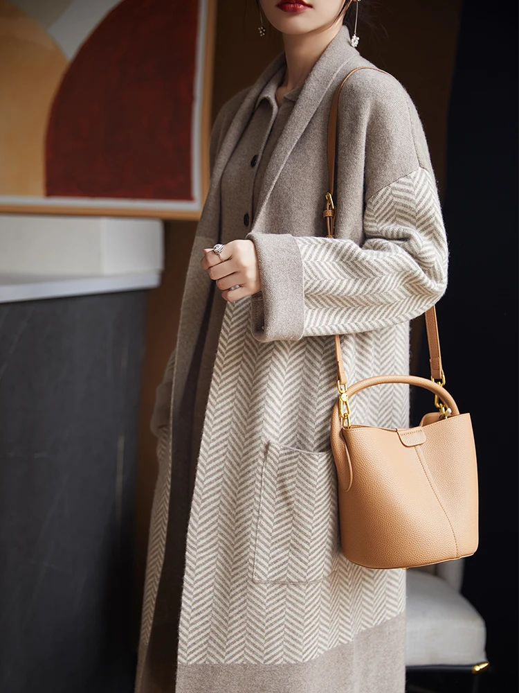 سترة نسائية من صوف ميرينو 100% معطف خريفي وشتوي ناعم ودافئ ومتطور كسول رقيق بطول الركبة ملابس متعددة الاستخدامات خالدة #5