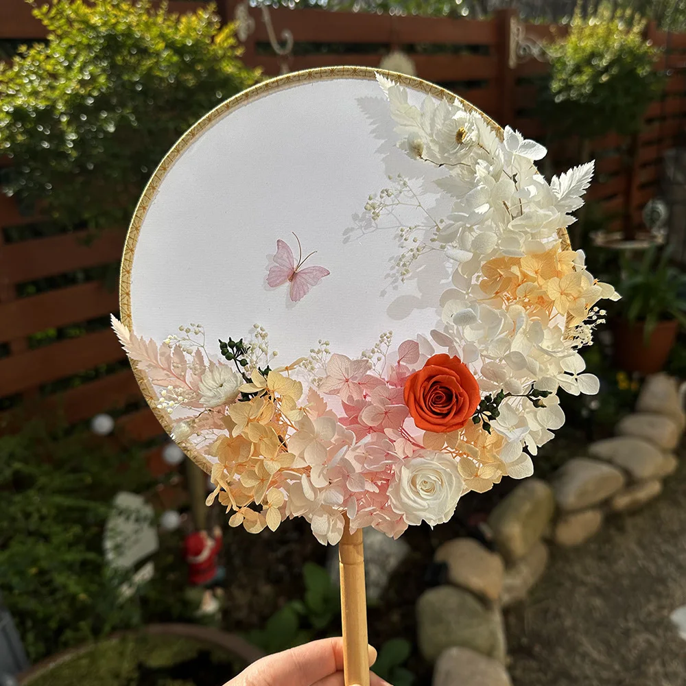 

Vintage Women Round Fan Handmade Preserved Flower DIY Hand Fan Dance Performance Photography Props Chinese Style Home Decor