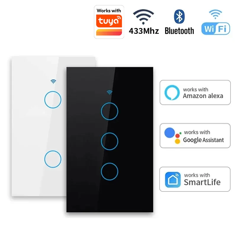 Tuya US WiFi + interruptor de pared inteligente Bluetooth RF433 1/2/3/4 Gang Sensor táctil inteligente interruptores de luz LED hogar inteligente Alexa Google Home