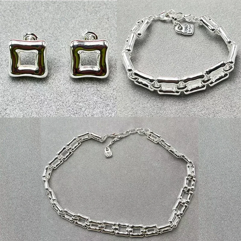 2024 Spain UNOde Minimalist High Quality Cool Style Silver Hollow Square Jewelry Set Women's Gift