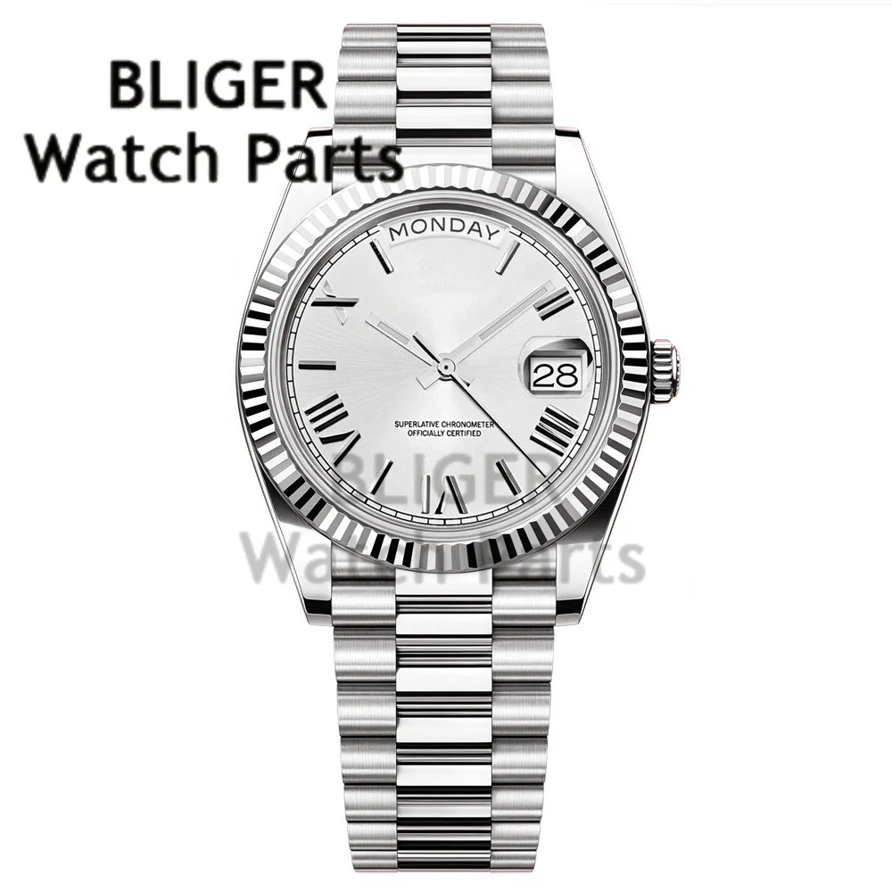 BLIGER ミヨタ 8285 機械式 メンズ 36mm/39mm 曜日表示 腕時計 プレジデント ストラップ スチール ダイバー 高級 ゴールドウォッチ メンズ