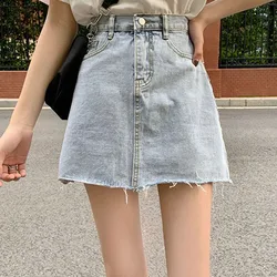 Korean Style Raw Edge short Skirts for Woman 2024 Summer Distressed Light Blue jeans Skirt Women Vintage High Waist Mini Skirt