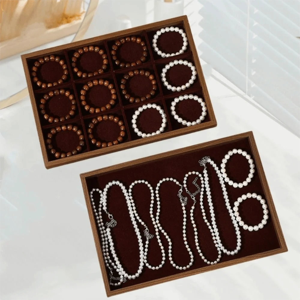 

Stackable Jewelry Display Tray Multi Compartments Anti-slip Wood Velvet Jewelry Pallet Wear-resistant Space Saving