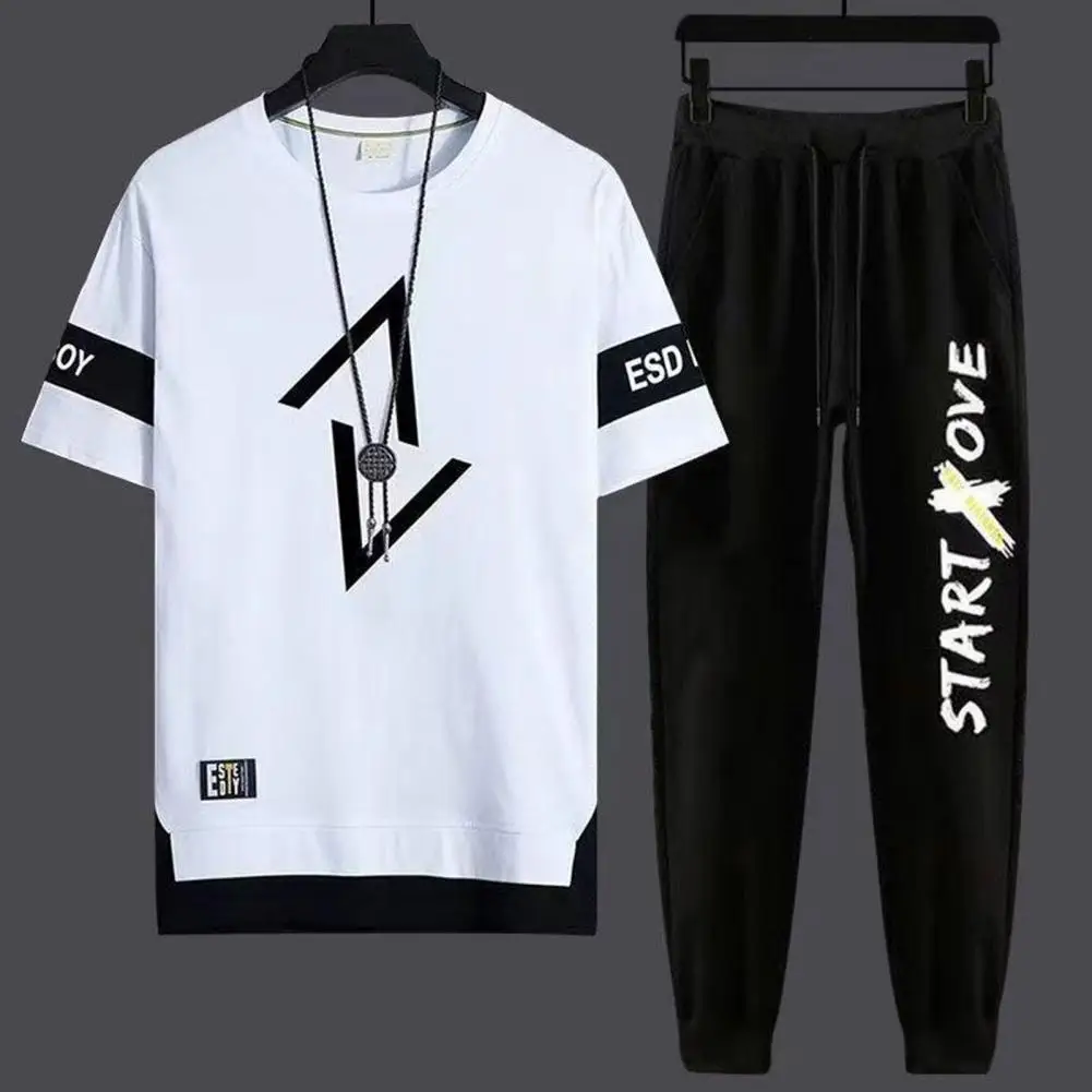 2Pcs/Set Men Casual Outfit Short Sleeve Letter Printing T-shirt Wide Leg Sweatpants Set Quick Drying Workout Men Jogging Suit