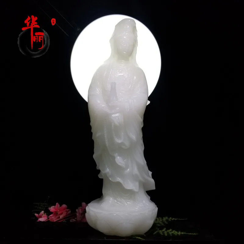 35cm large # HOME family TOP efficacious Protection Buddhism white jade Guanyin Avalokitesvara buddha Jade carving sculpture