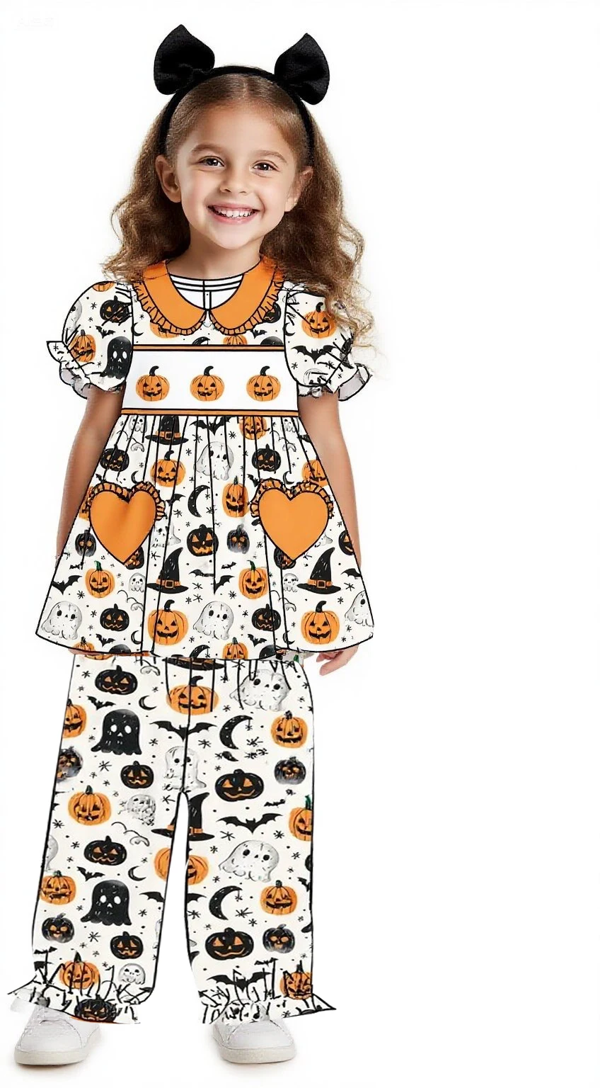 

Christmas boutique children's suit short-sleeved elastic deer print halloween kids set girls boys trousers pajama set