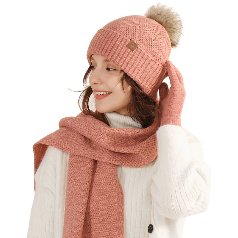 Inverno caldo cappello di lana sciarpa guanti Set per le donne foderato in pile berretto con Pom Pom sciarpa lunga guanti Touchscreen 3 in 1 Set