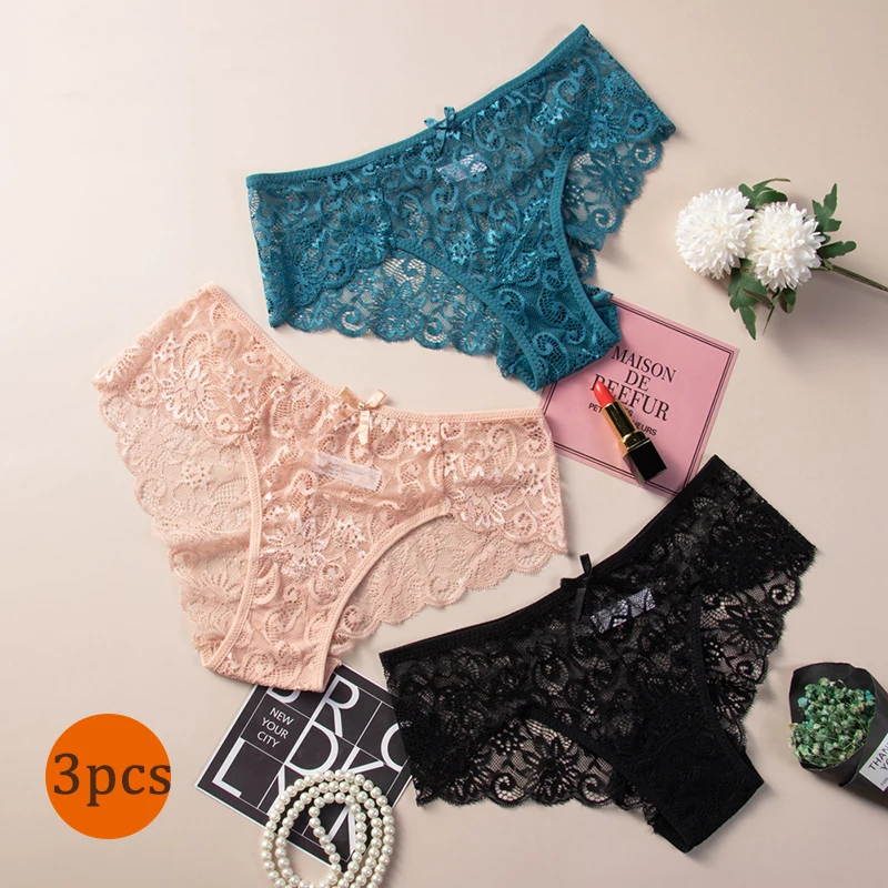

3PCS Sexy Lace Panties for Women Hollow Transparent Breathable Low Waist Seamless Briefs