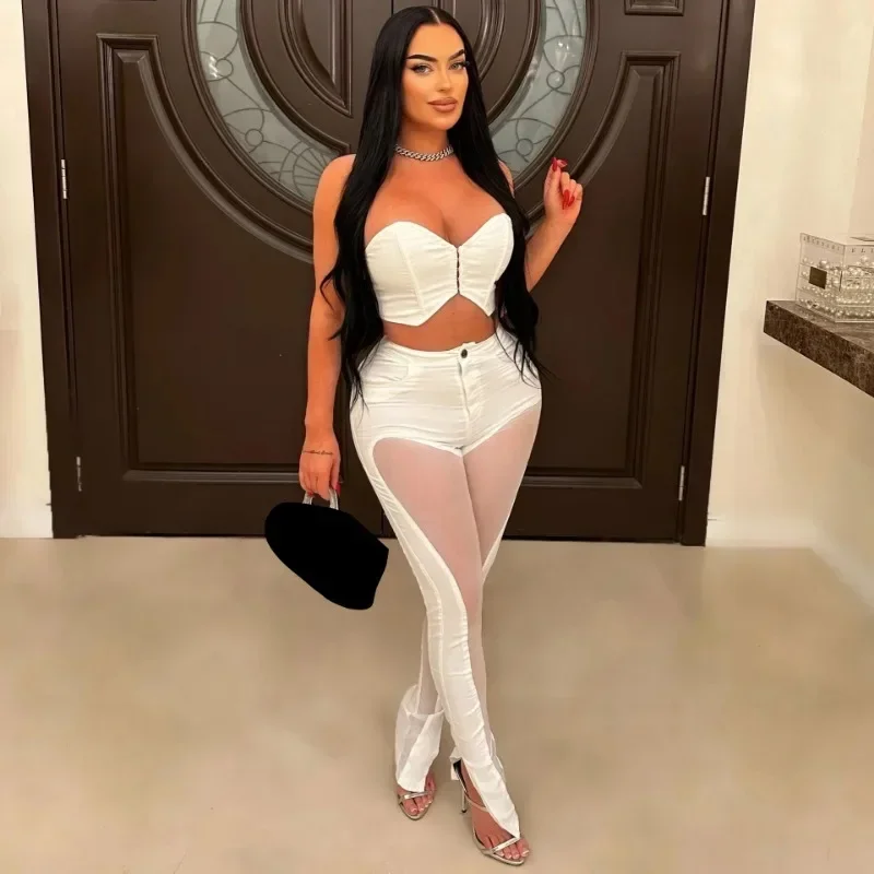 

GUWU Casual Women's Set Tunic Crop Top and Flare Slit Hem Mesh Patchwork Pants Street Two 2 Piece Sets Outfit Tracksuit