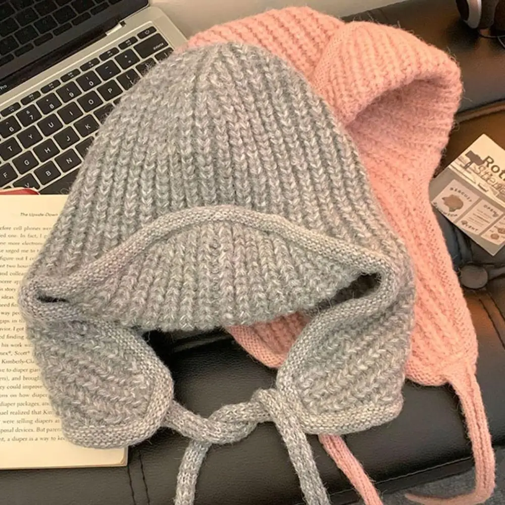 Casual Korean Style Knitted Flying Cap Solid Color Cold Proof Knitted Woolen Hat Thicken Ear Protection Woolen Crochet Cap Girls