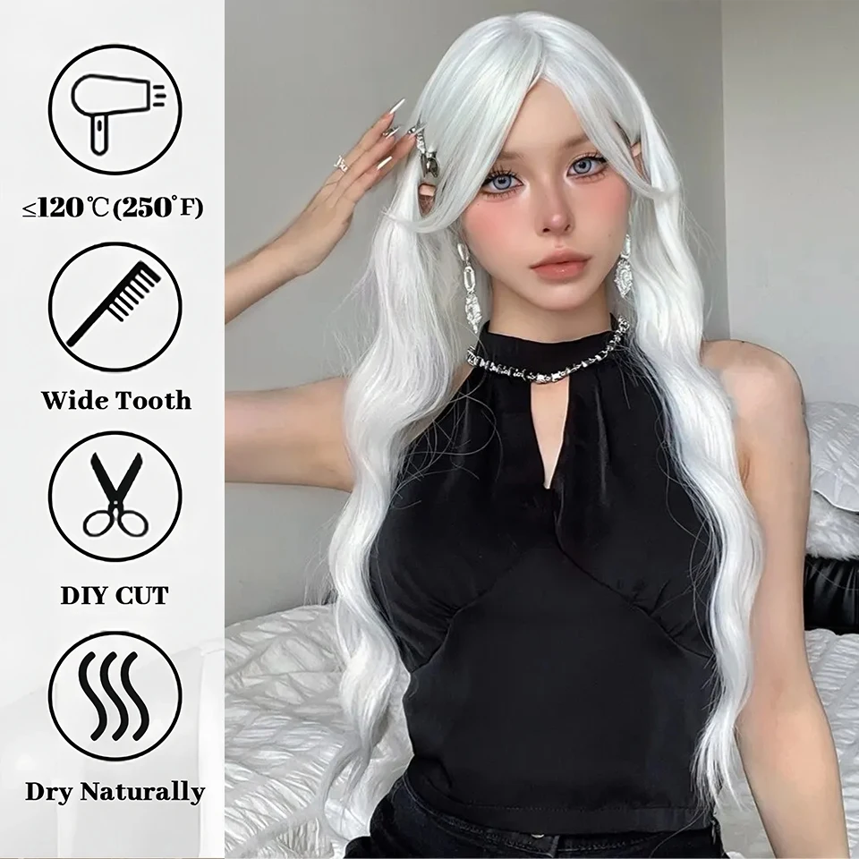 Long Water Wave Wig with Bangs White Colorful Cosplay Silky Wig for Women Daily Party Natural Soft Synthetic Hair Heat Resistant