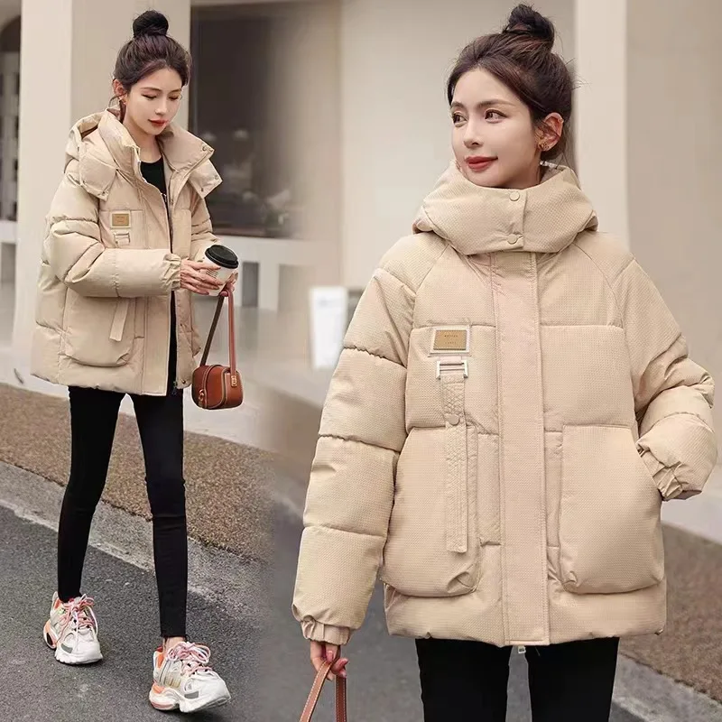 Chic Cotton-padded Coat Warm Winter Women\'s Clothing Short Puffer Jacket Hooded Parkas Pocket Long Sleeve Solid Zipper Jacket