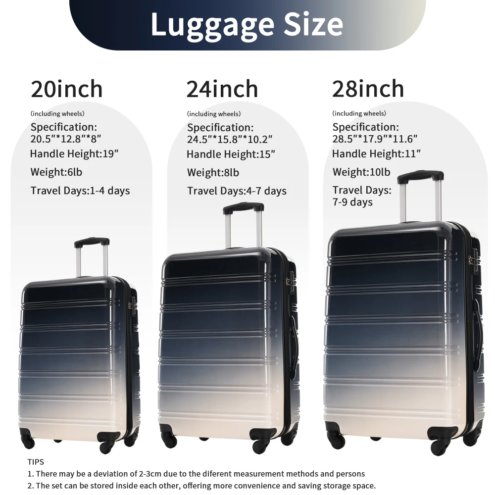 Hardshell Luggage Sets 3 Piece Gradient Color Expandable Suitcase Spinner Wheels TSA Lock Lightweight 20" 24" 28" Available
