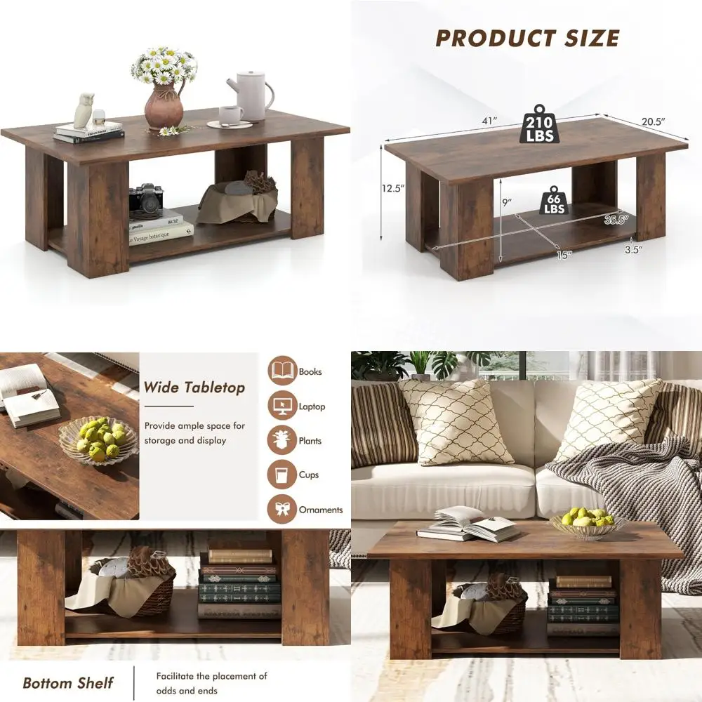 

Modern Rectangular 2-Tier Center Coffee Table with Wooden Accents for Living Room