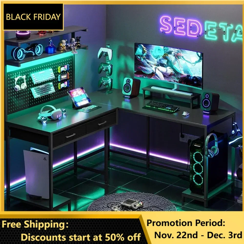 L Shaped Gaming Desk, with LED Lights, Pegboard and Drawers, Computer Desk with Monitor Stand Storage Shelves, Home Corner Desk