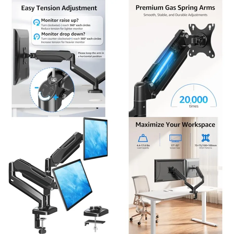 

Monitor Stand for Desk, Monitor Arms for 2 Monitors 32 27 24 22 Inch, Height Adjustable Double Monitor Mount, VESA Mount with C