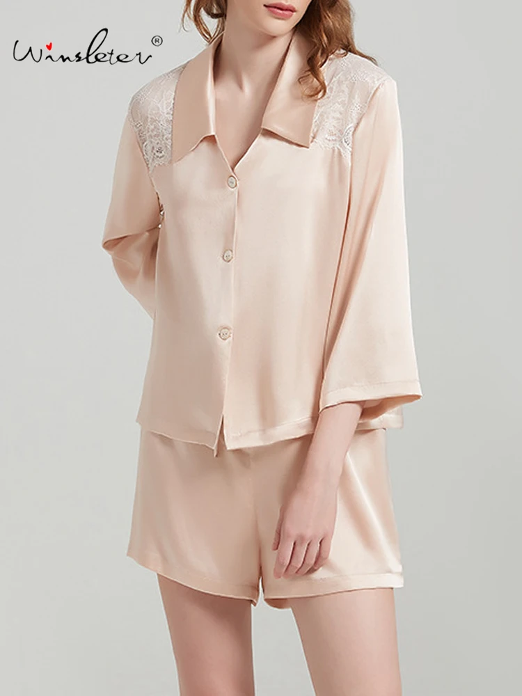 

Winsleter-19MM Элегантный пижамный комплект из 100% натурального шелка, с кружевными рукавами 3/4, женские шорты в французском стиле, домашняя одежда, новинка лета 2026 S64180CC