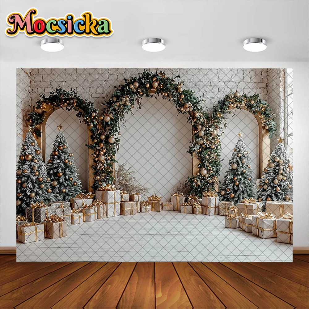 Christmas Photography Background Arched Garland Golden Xmas Gift Decoration Boy Girl Portrait Photo Backdrops Studio Props