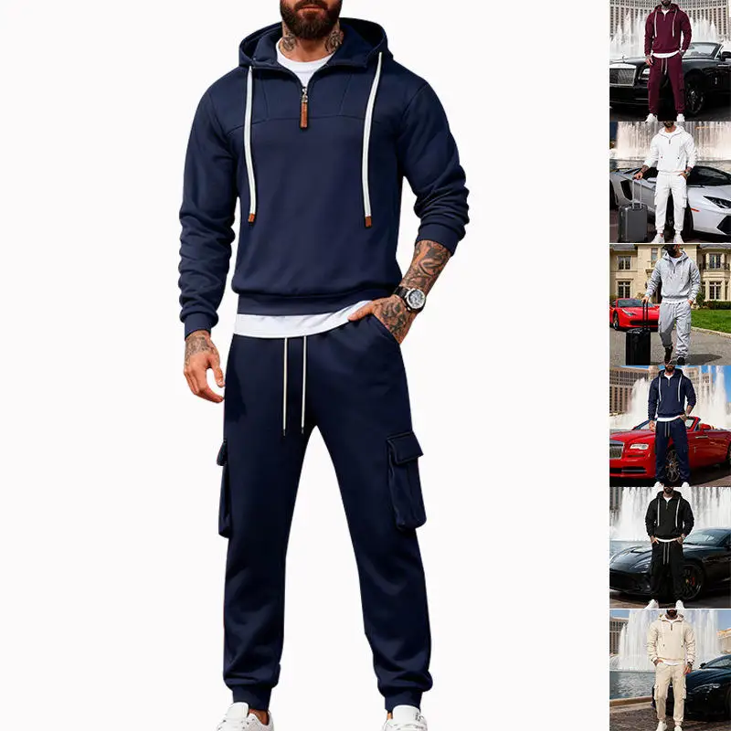 

Мужской зимний спортивный костюм из плотной ткани: модный тренировочный комплект из худи и брюк с длинными рукавами и штанинами, другие ткани