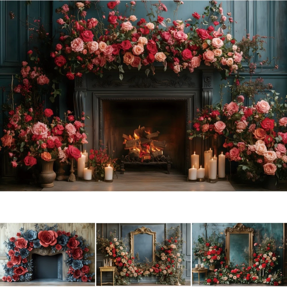 

Flowers Floral Rose Photography Background Valentine's Day Indoor Retro Fireplace Wedding Proposal Party Decor Backdrops Photo