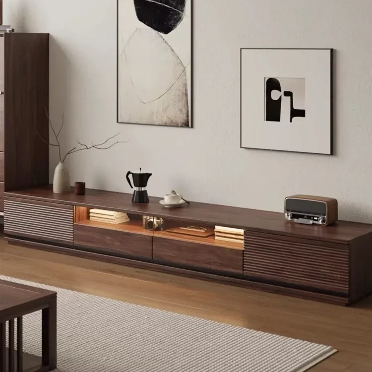 #Cherry Wood Italian Minimalist Accordion TV Stand Living Room North American Black Walnut Finish All Solid Wood Construction