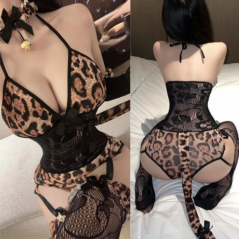 Lencería sexual Sexy con estampado de leopardo para chica gato, medias huecas con escote en v profundo y pecho descubierto, fetiche sexy de látex para mujeres, compradores sexys xxx
