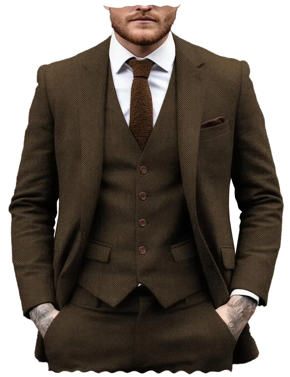 

Men's Suits Tweed Herringbone Slim Fit Business Cauasl Waistcoat Jacket Groomsmen Wedding Suits 3 Pieces (Blazer+Vest+Pants)