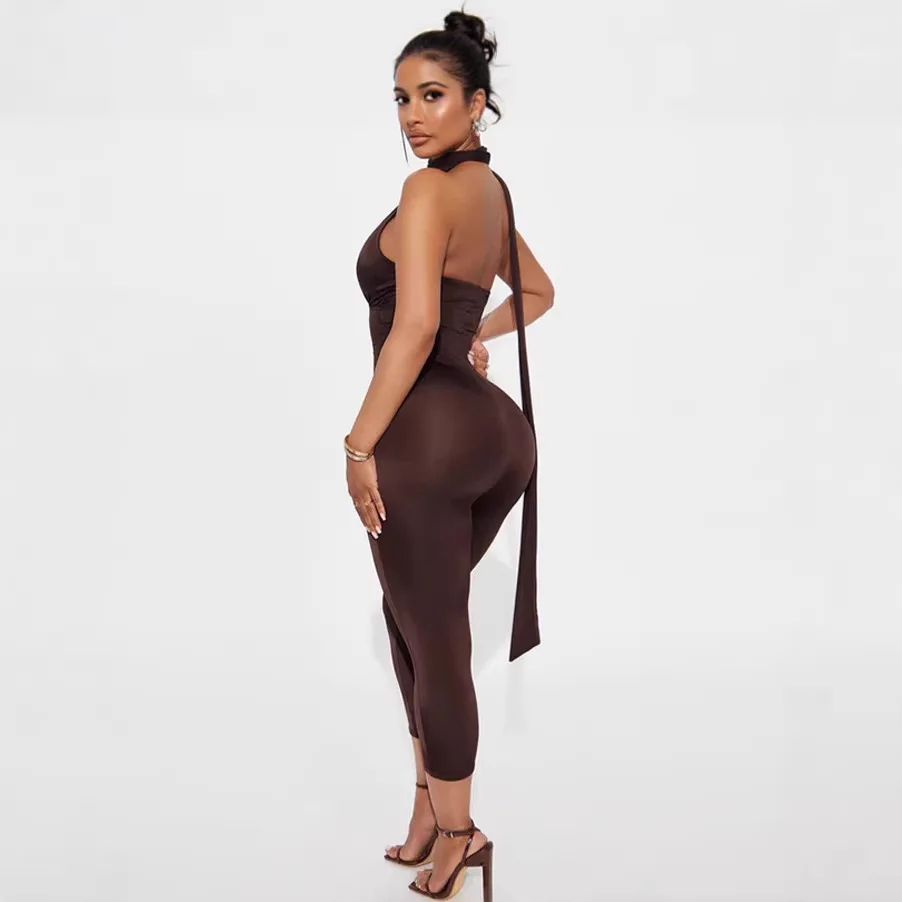 Women's Sexy Jumpsuit 2026 Spring Summer INS Backless Sleeveless Jumpsuit Halter Neck Open Back Cutout Minimalist Bodysuit