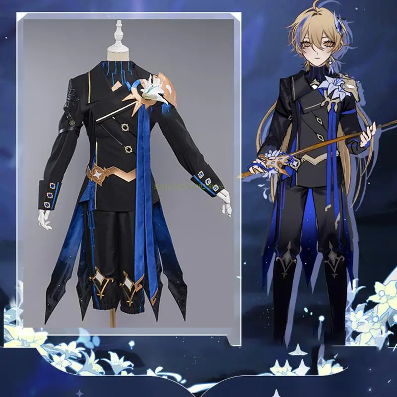 

Genshin Traveler Aether Cosplay Costume Borther Doujin Fatui Spiral Abyss Prince Dark Traveler Black Uniforms Halloween Suit