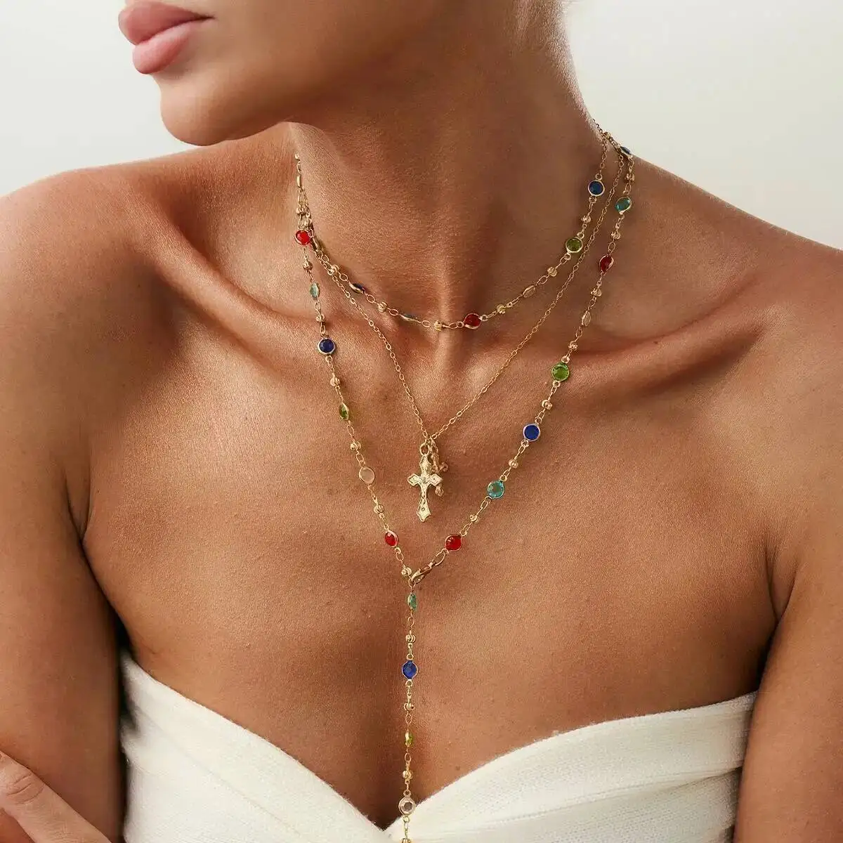 

3Pcs/Set Y2K Boho Crystal Tassel Chain Necklace Women Collares New Trend Goth Cross Pendant Choker Party Jewelry Gift