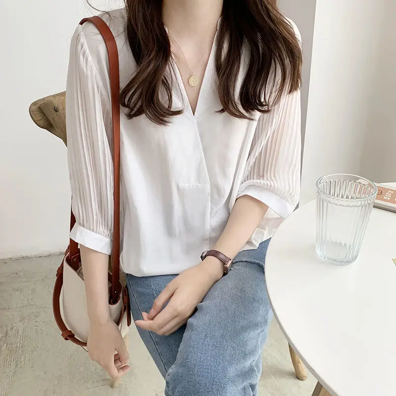 Female Clothing Casual Loose All-match Blouse 2023 Summer 3/4 Sleeve Fashion Solid Color Patchwork Commute Korean V-Neck Shirt