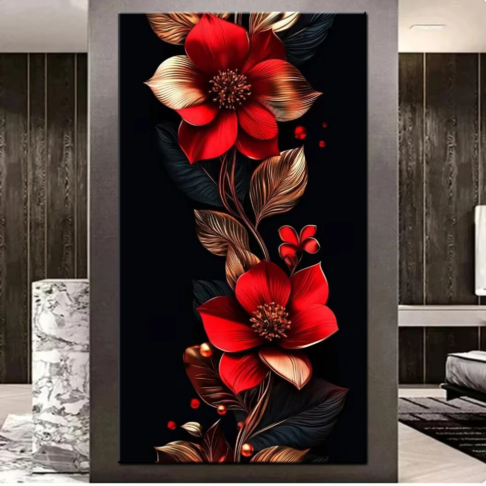 

Diy Diamond Painting Cross Stitch Kit Black Gold Red Flowers Full Rhinestone Mosaic Embroidery Home Decoration Large Size