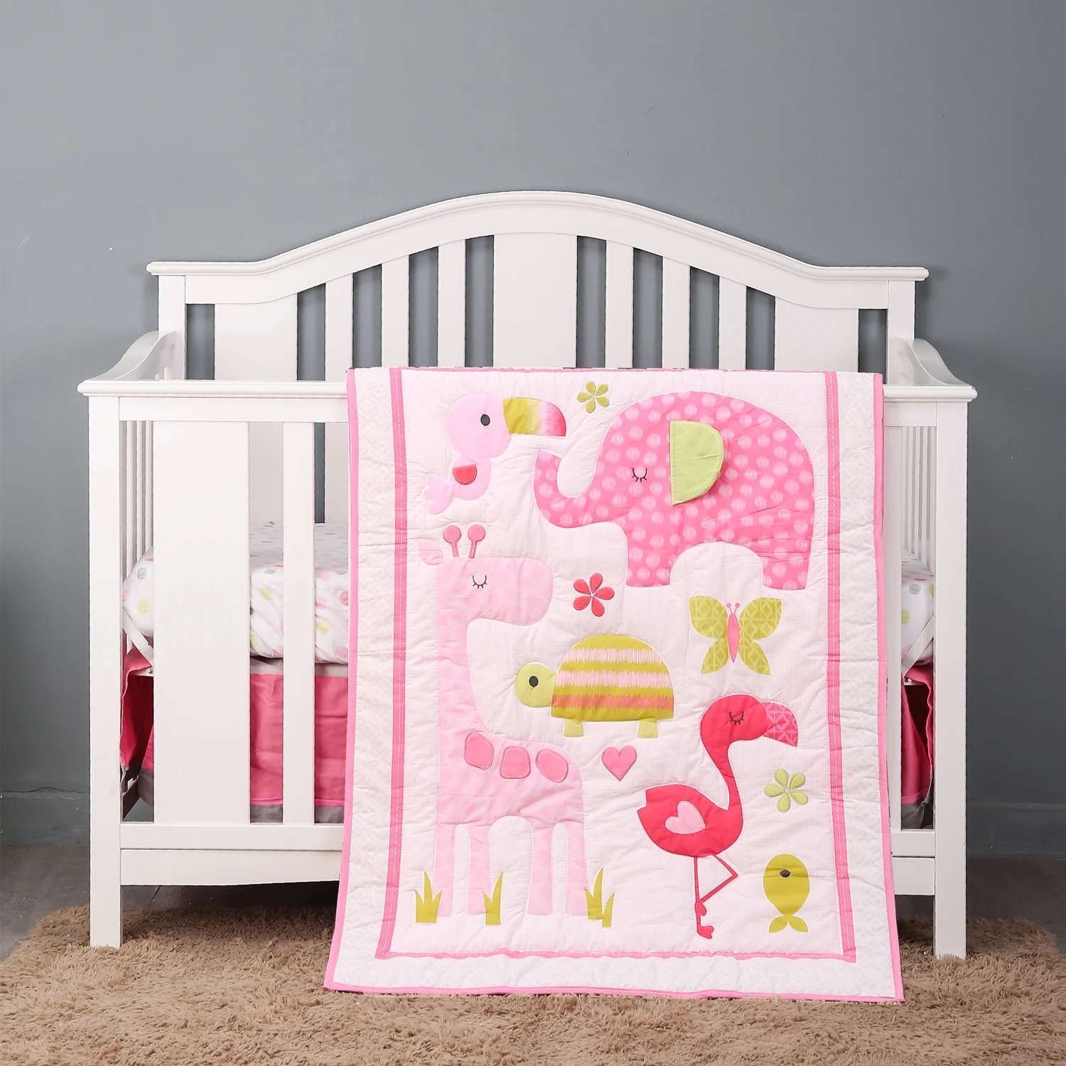 

3Pcs Cute Colorful Baby Bed Set Crib Bedding Set Standard Size Nursery Bedding for Girls ( Comforter Fitted Sheet Crib Skirt)