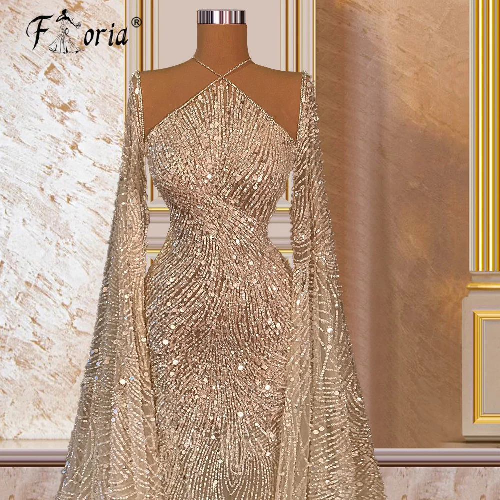 Sparkly Sequin Beaded Champagne Evening Dresses with Cape Sleeve Long Luxury Silver Dubai Women Prom Formal Dress robe de soiree