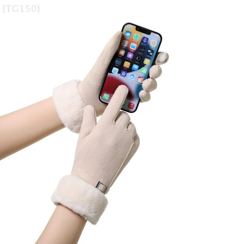 قفازات عصرية للنساء - قفازات دافئة فروي لطيفة مع تصميم شاشة لمس كاملة الأصابع لخريف وشتاء