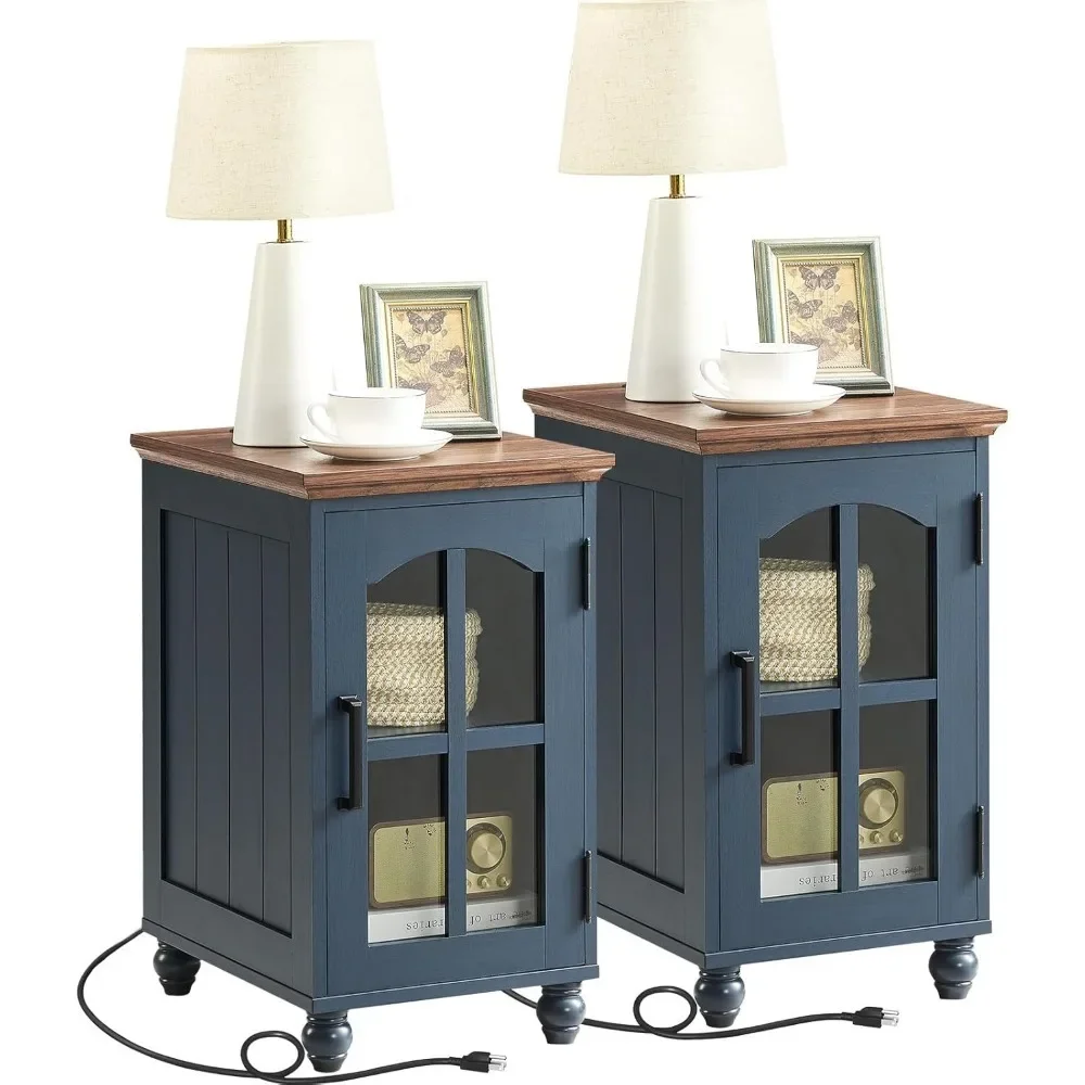 

Narrow Side Table Set of 2,Farmhouse Nightstand with Charging Station,End Table with Glass Barn Door Storage, Cabinet Organizer