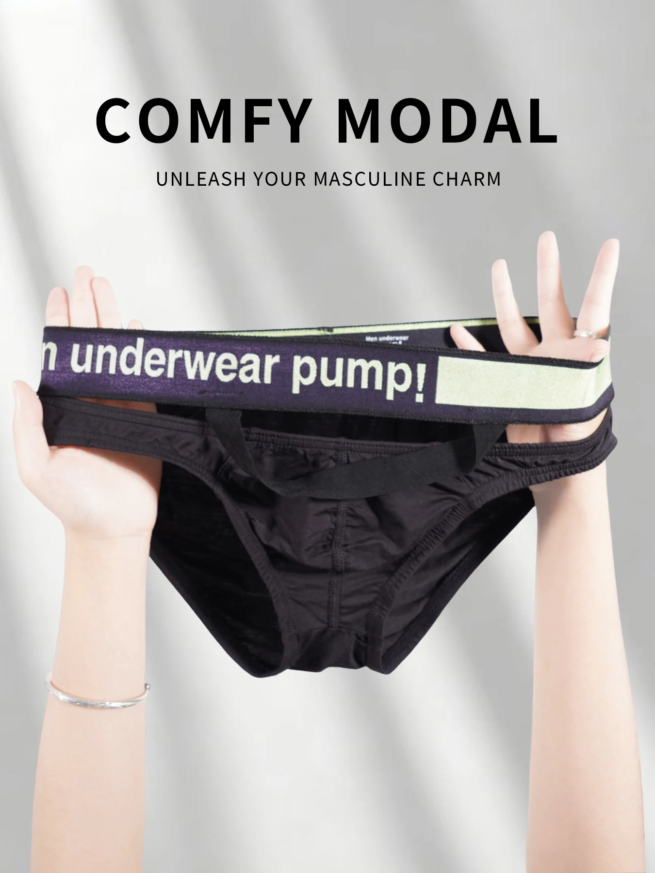1 PCS Men's Modal Barely-There Briefs 3D U Convex Pouch Contrast Letter Print Waistband Breathable Sexy Trendy Underwear