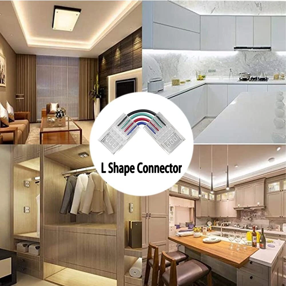 L Shape 4-Pin RGB LED Connectors 6 Packs 10mm Wide Right Angle Corner Solderless Adapter Terminal Extension Connectors