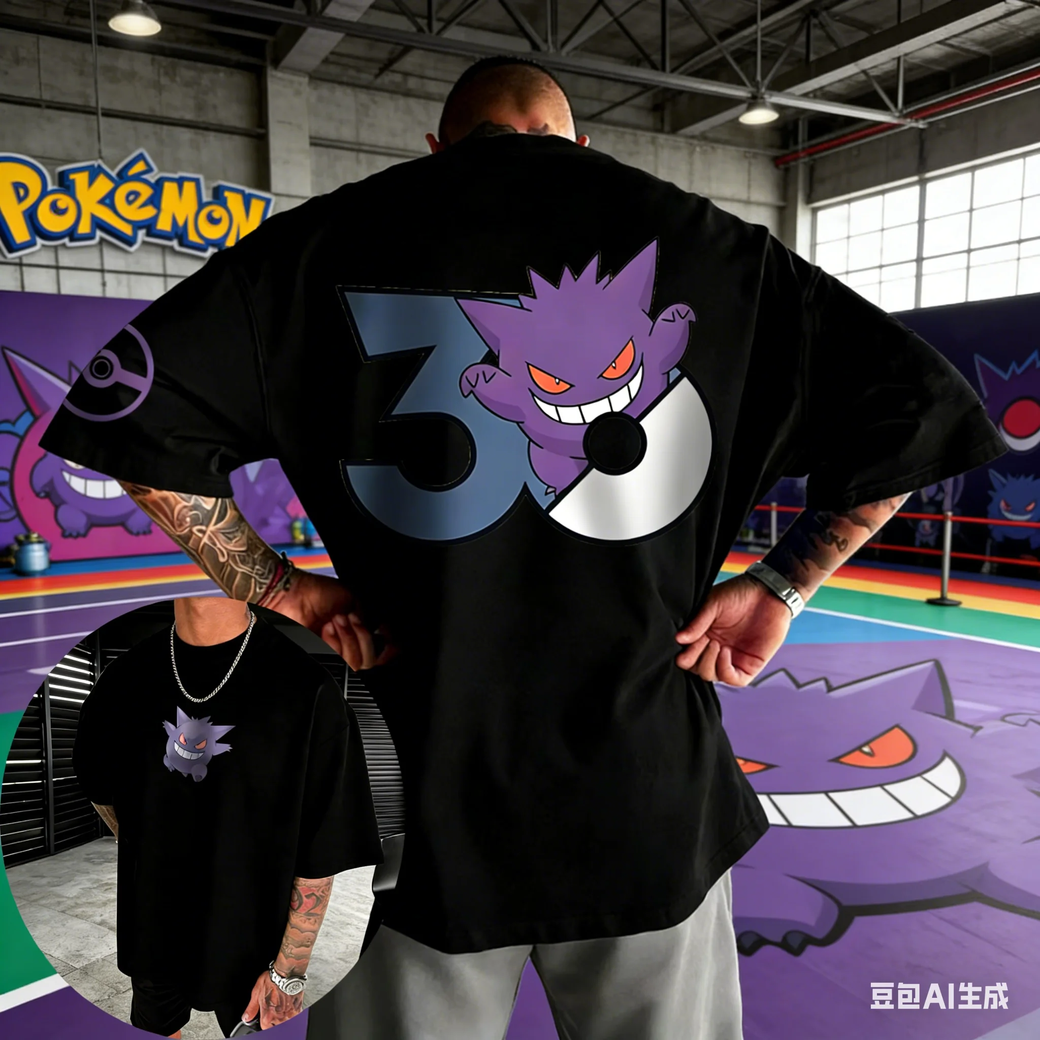 camiseta-pokemon-30º-aniversario-gengar-2026-verao-solta-casual-hip-hop-manga-curta