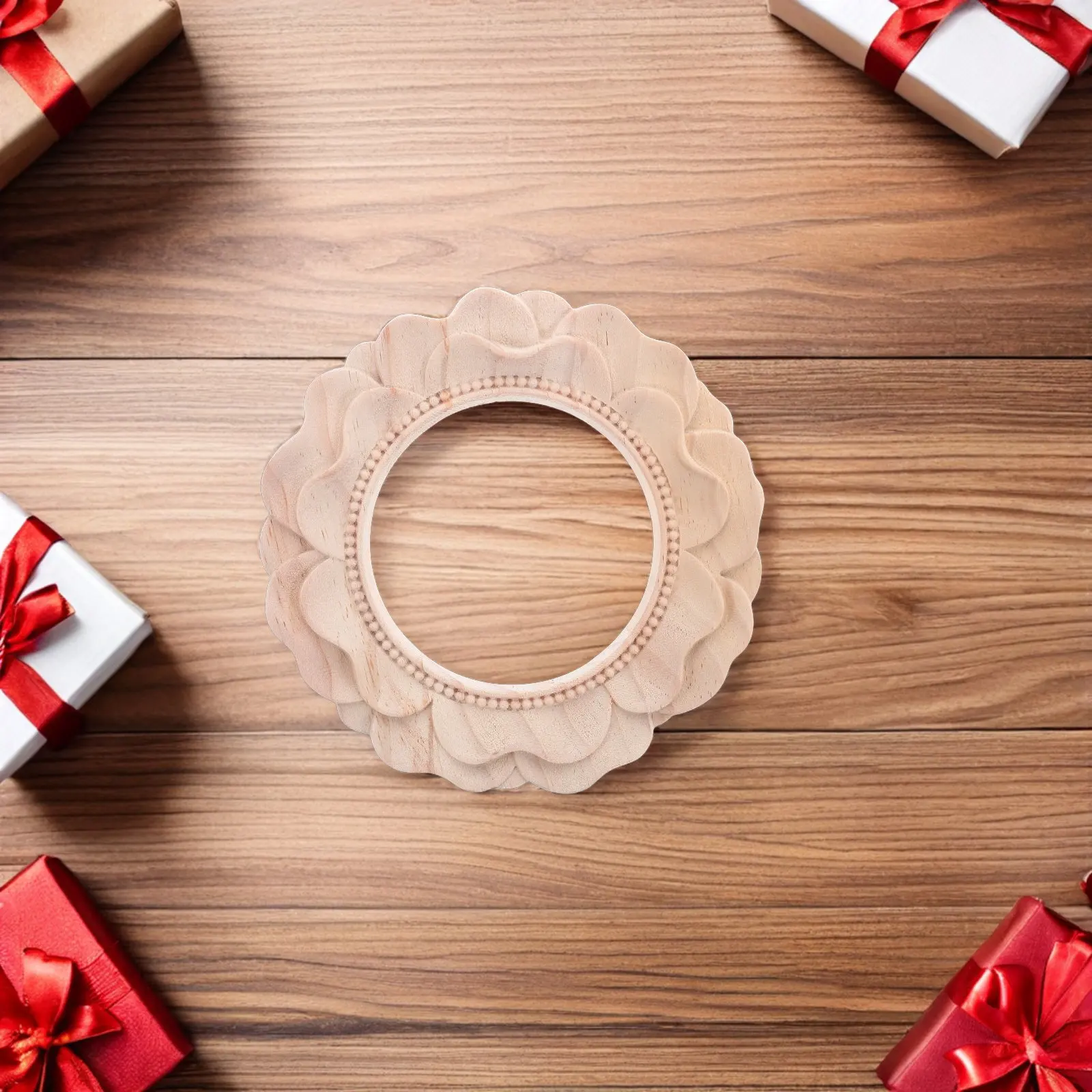 Unpainted European Wood-Carved Circle Photo Frame Hollow Cutout Vintage Wood Onlay Wedding Door Home Decoration Large Round