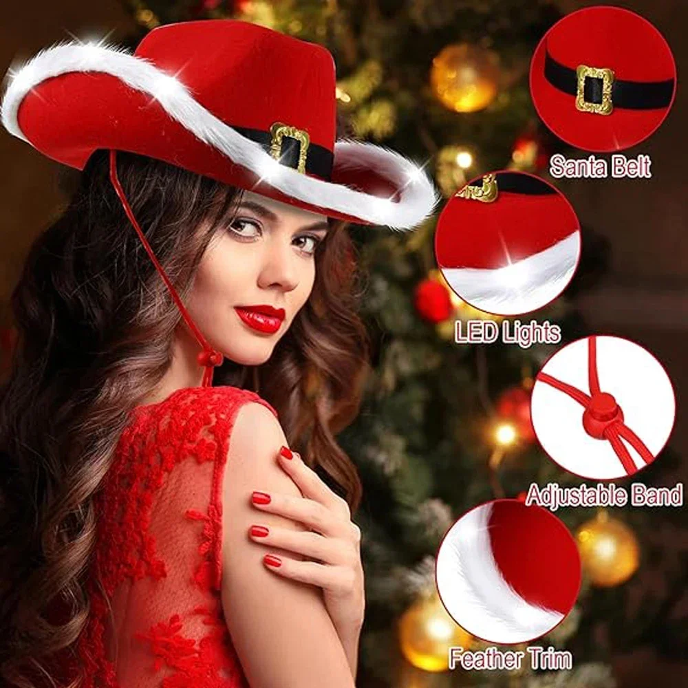 Christmas Luminous Cowboy Hat 1/5pcs Western Red Felt Santa Claus Party Hats Adjustable Wide Brim Cowgirl Jazz Hat for Women Men