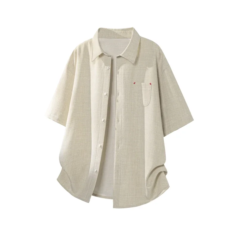 Male Relaxed Oversized Short Sleeve Shirt Lapel Collar Linen Like Cloth Chest Pocket For Travel And Weekend Gathering