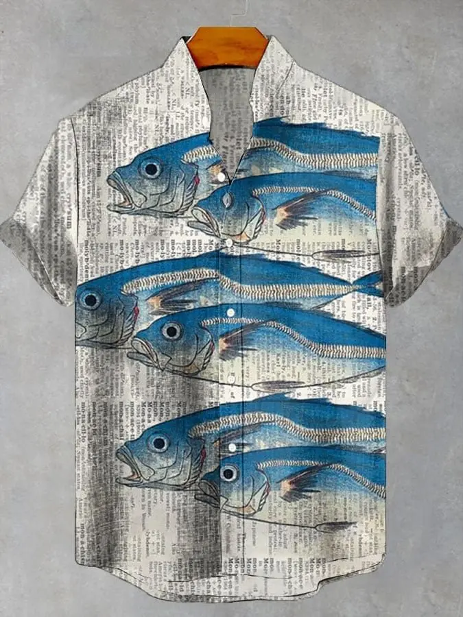2025 elegant fish print men's new linen comfortable breathable fabric short sleeved shirt for fishing enthusiasts to wear - Image 5