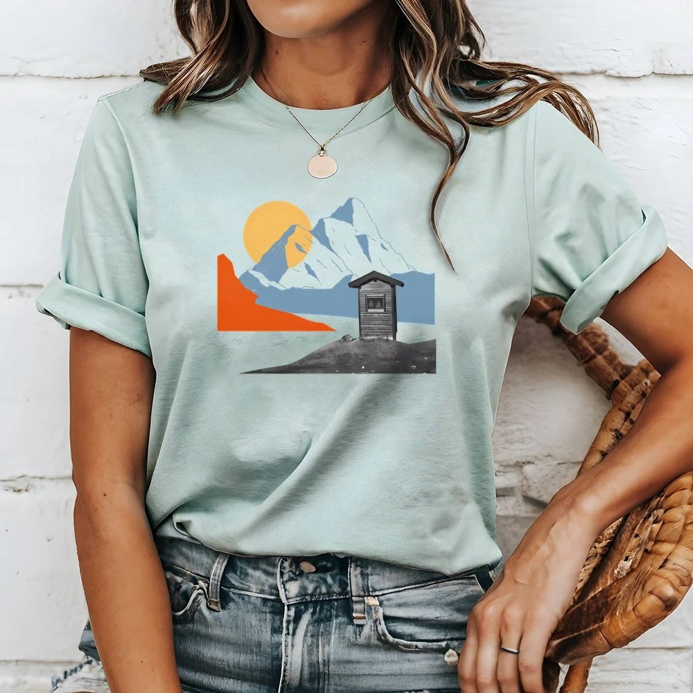 

Colorful Vintage Collage Cotton Landscape with Mountain & Cabin Printed Crew Neck Short - Sleeve, Artistic Casual T - Shirt