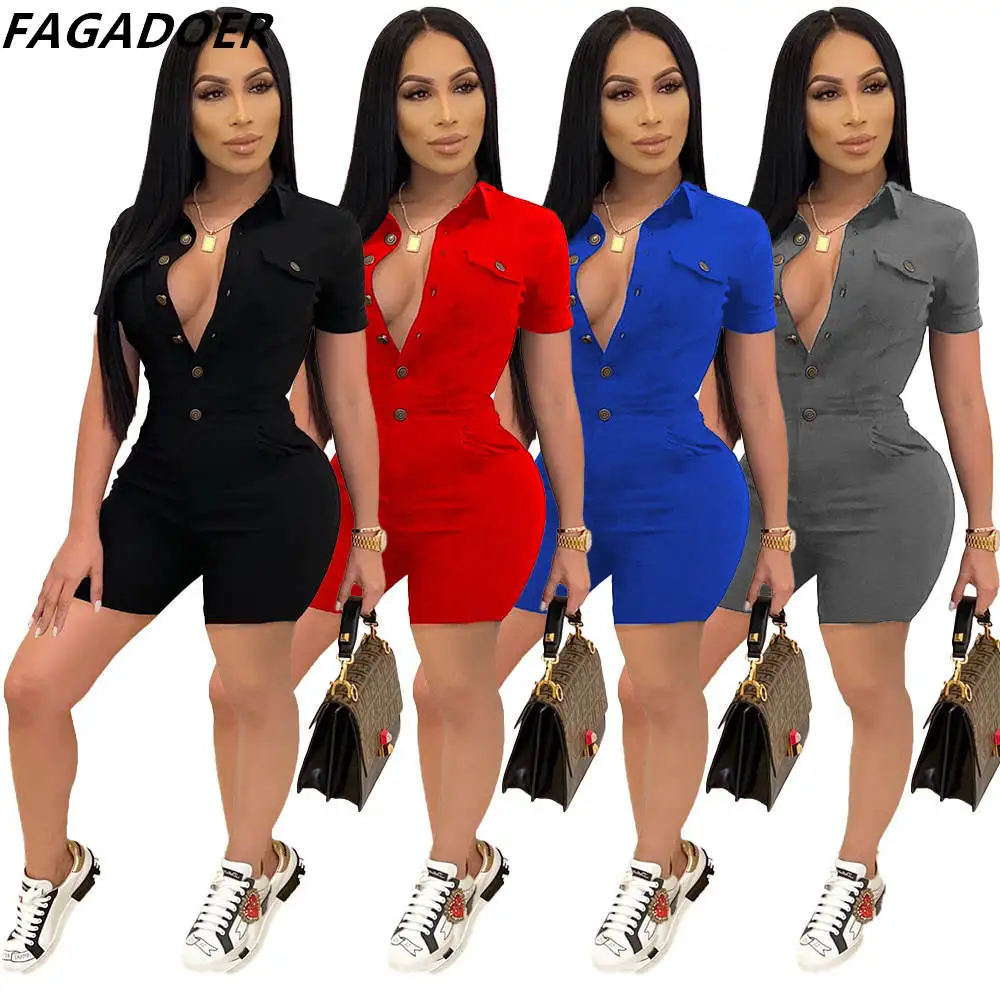 

FAGADOER Summer Fashion Streetwear Women Turndown Collar Button Rompers Female Short Sleeve Solid Color Jumpsuits Overalls 2022